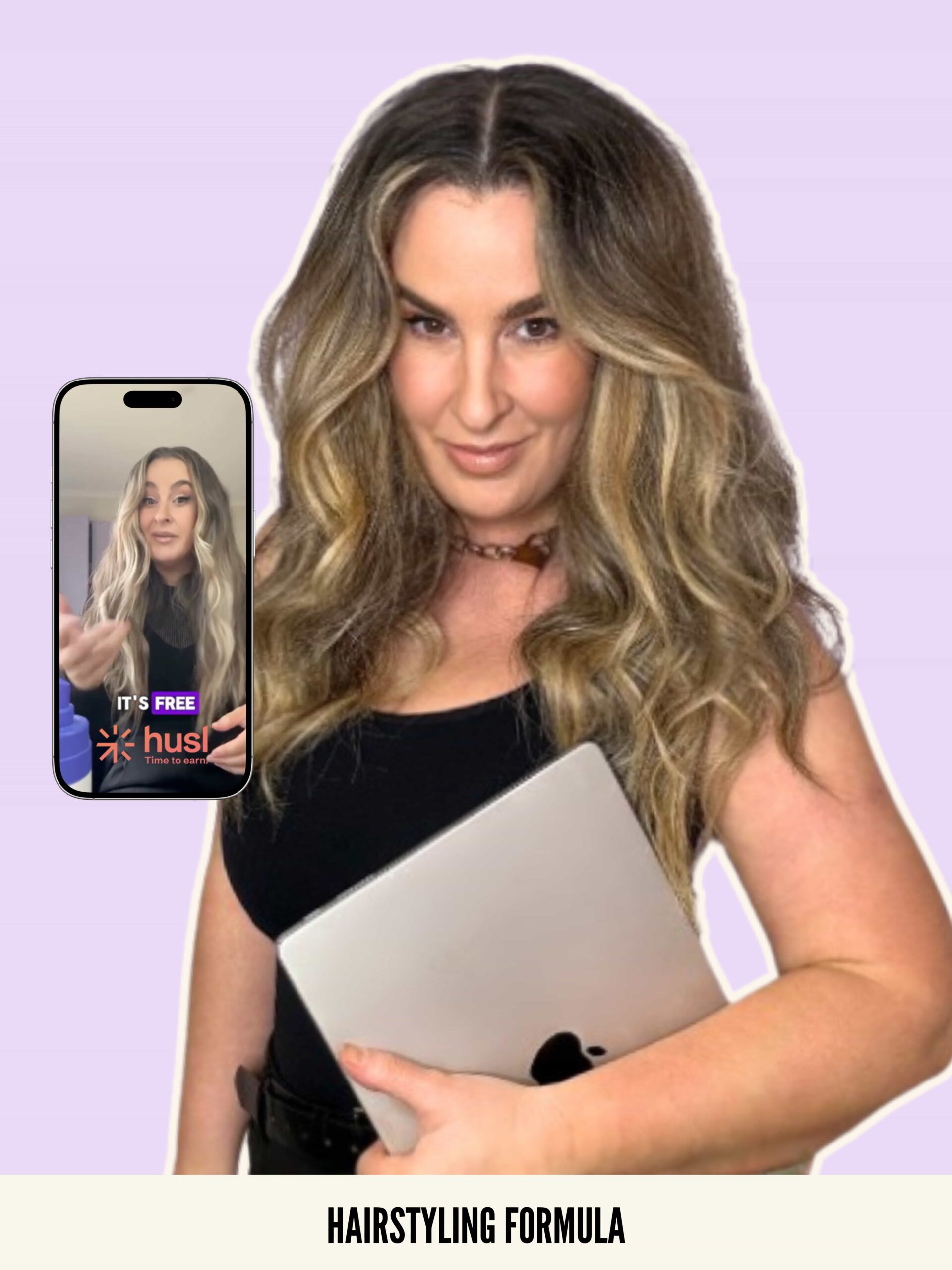 Digital salon retail educator Victoria Domazet holding a laptop, promoting online retail education for hairstylists with HUSL.