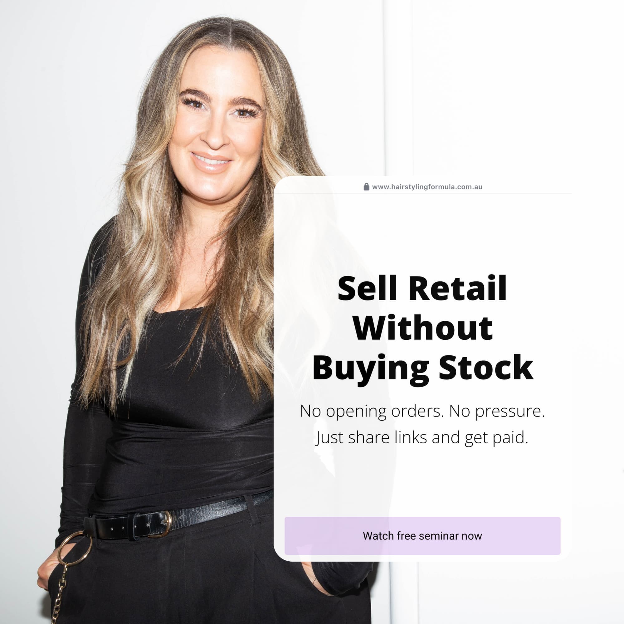 Victoria Domazet promoting digital salon retail education that helps hairstylists sell retail without holding stock.