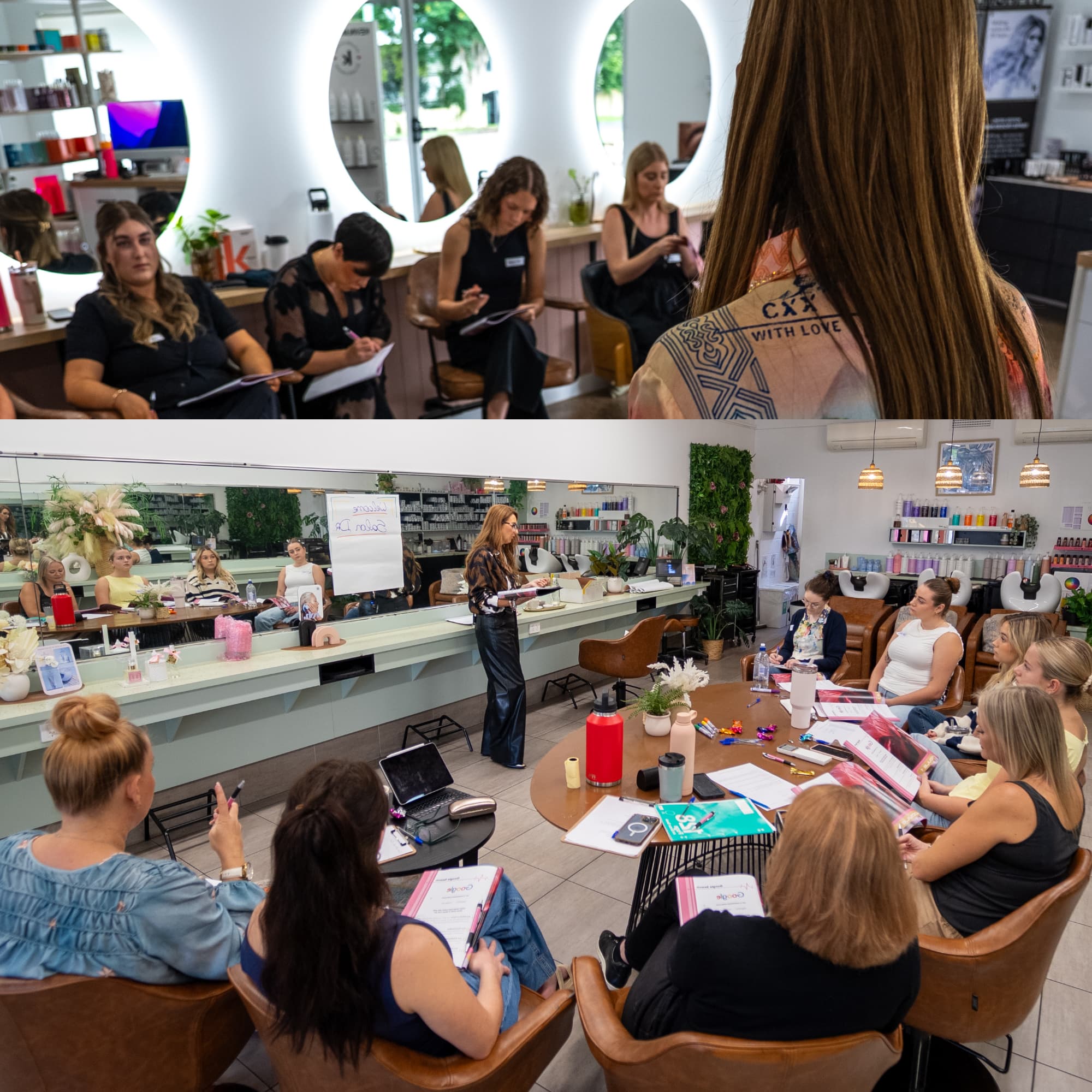 Sonia Tomas, The Salon Dr, leading an in-salon training workshop where groups of stylists take notes and participate in a hands-on business education session inside a modern salon setting